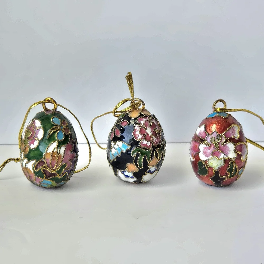 VTG Cloisonne Mini Egg Ornaments Set of 3, Enamel Brass Butterfly Floral, RARE